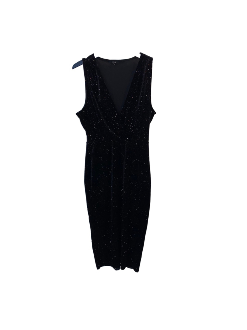 Women's IRIS Black Velvet Sparkling Night Midi Dress V-Neck Sleeveless Size L